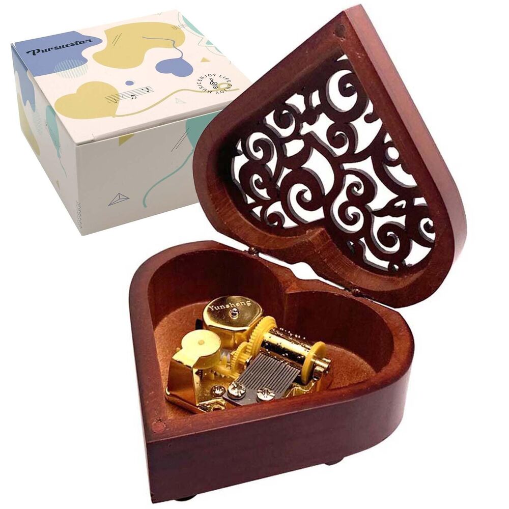 6837 Over The Rainbow Music Box, Heart Shaped Vintage Hollow Out Wood